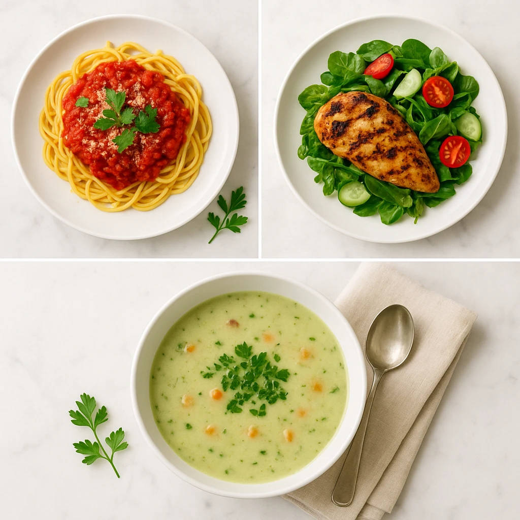 Three beautifully styled food dishes arranged on consistent marble surface with matching props and lighting, showing brand consistency