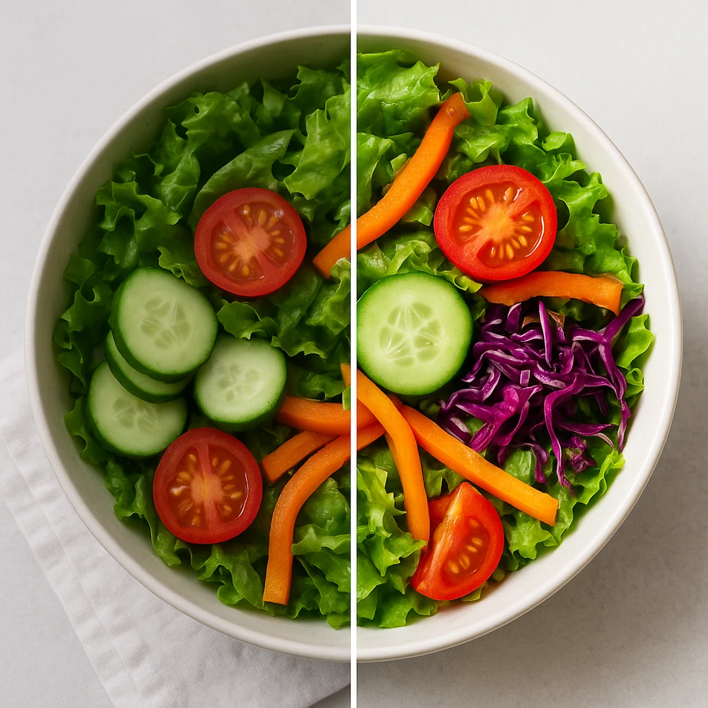Side-by-side comparison of unedited food photo and professionally edited version showing color enhancement and lighting improvements