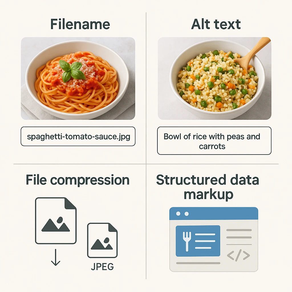 Infographic showing image SEO optimization steps including filename, alt text, file compression, and structured data markup