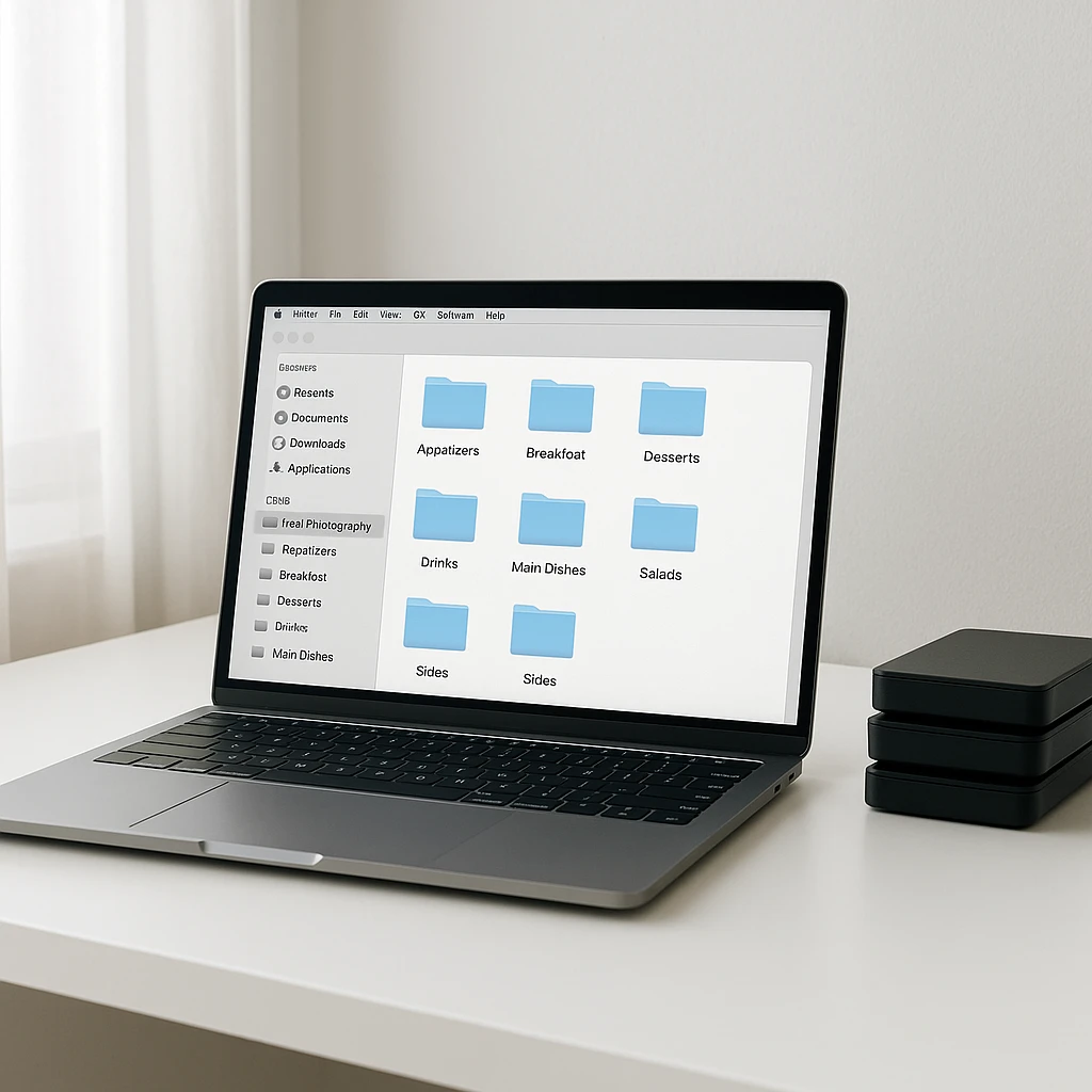 Clean desk workspace with laptop showing organized digital asset folders and external hard drives for backup, modern minimalist aesthetic