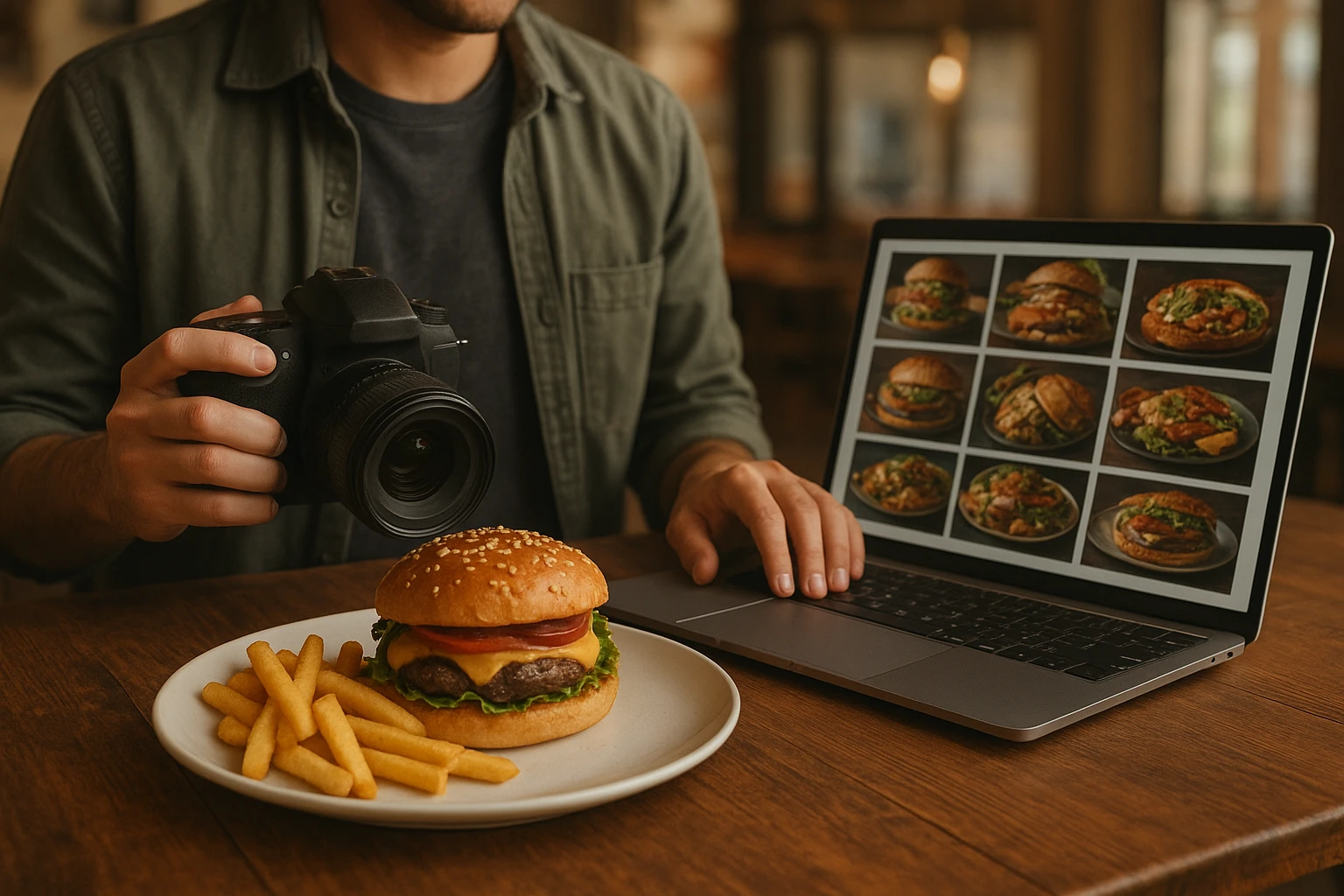 Restaurant owner comparing a DSLR camera, a smartphone, and AI-generated food images on a laptop while looking at a plated dish.