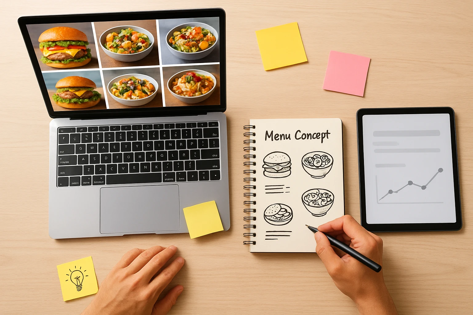 Grid of AI-generated food concepts on a screen beside a notebook of menu ideas, showing rapid experimentation.