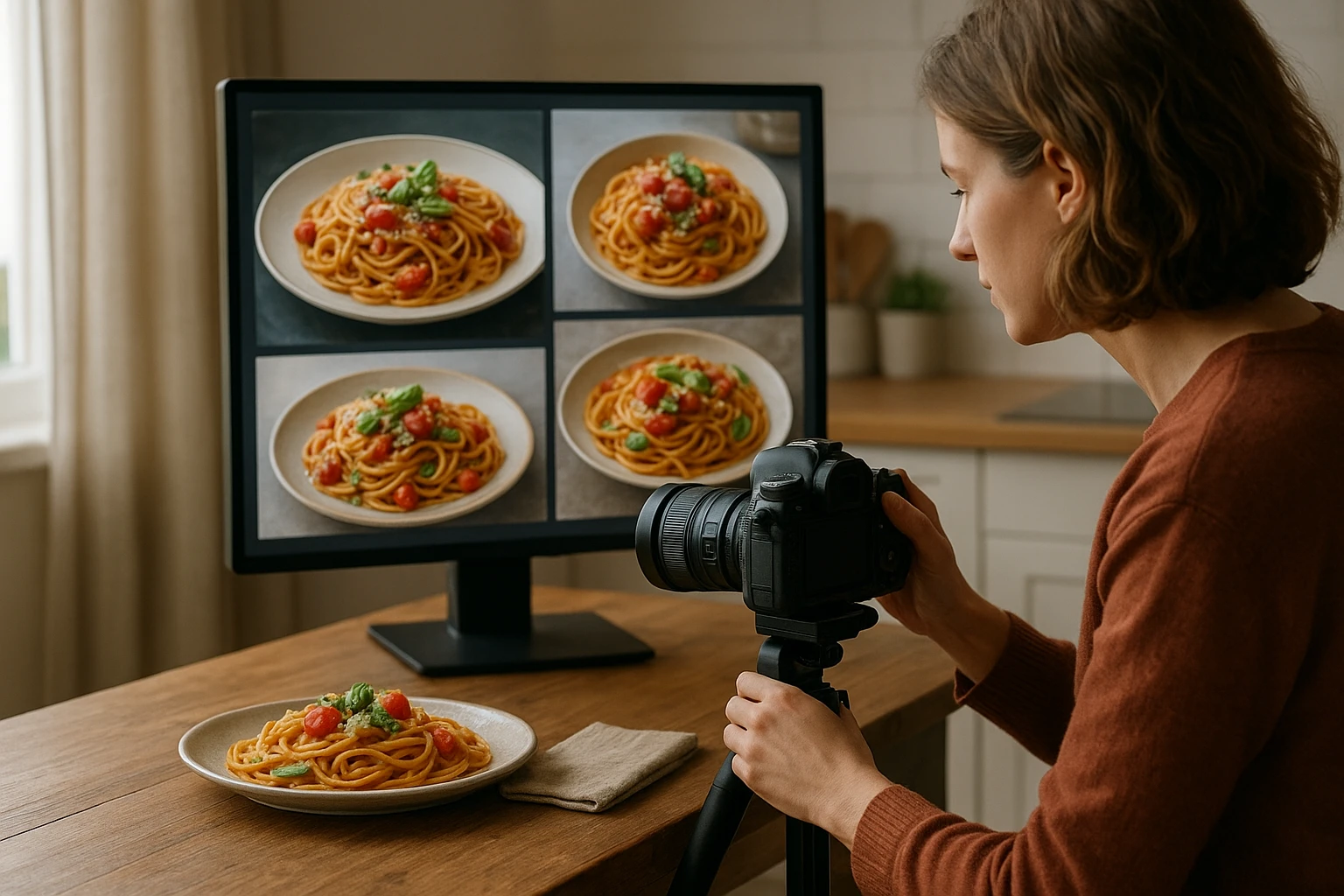 Food blogger photographing a plated dish with a DSLR next to a monitor displaying AI variations of the same dish.