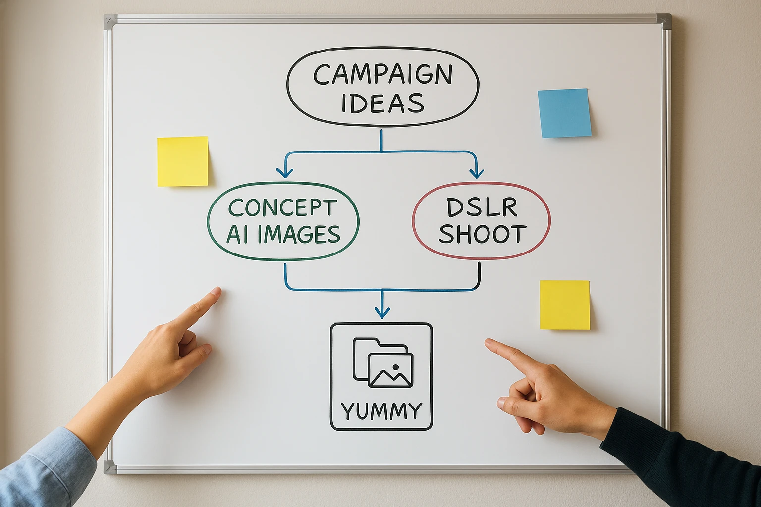 Flowchart-style whiteboard showing a hybrid content workflow from idea to AI or DSLR production to Yummify library.