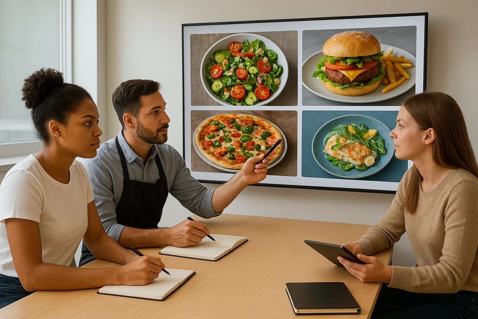 Restaurant team reviewing food photos on a large screen, comparing real and AI images while setting future guidelines.