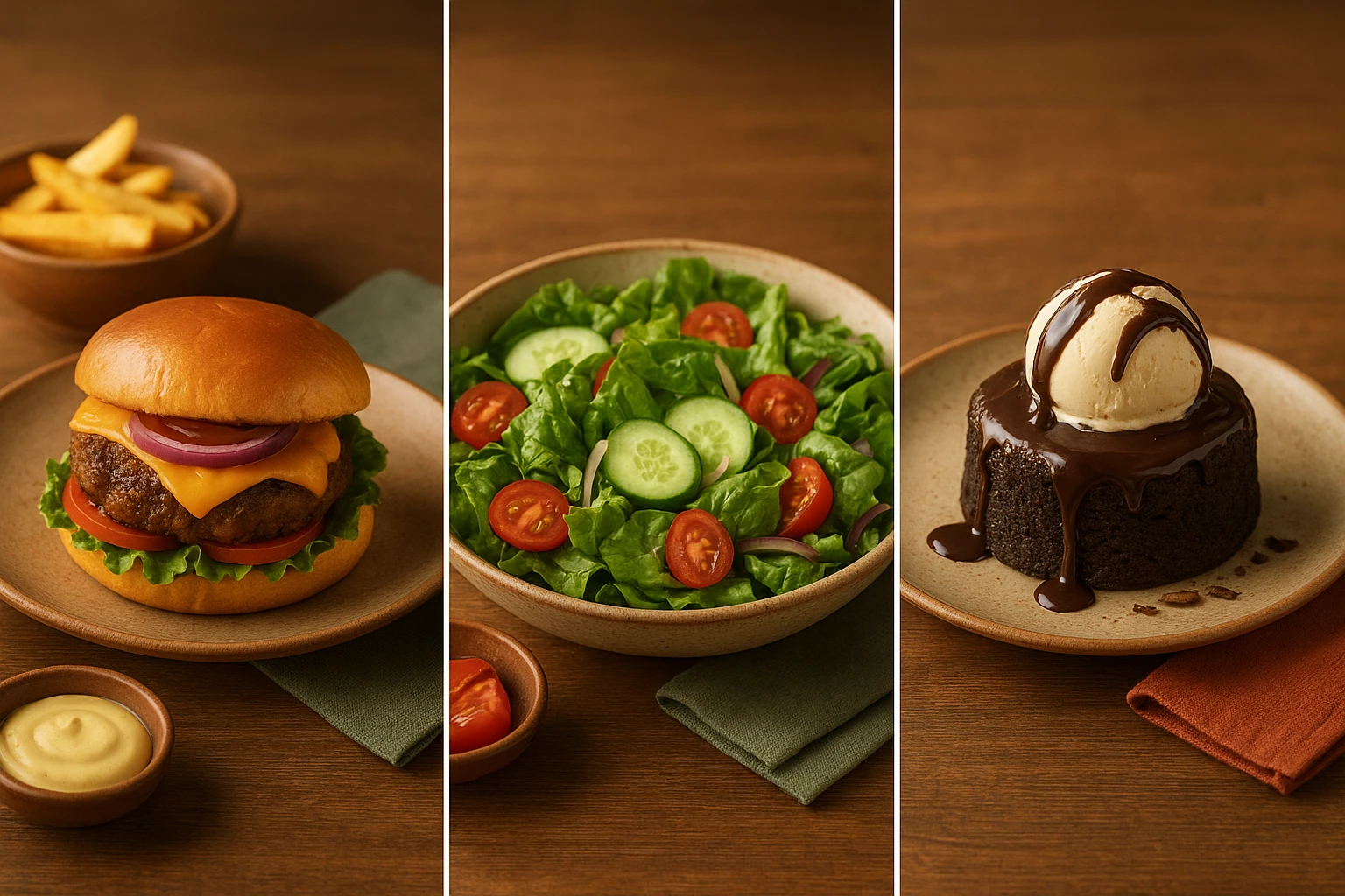 Three matching food photos arranged side by side showing consistent branding with warm lighting, wooden surfaces, and cohesive color palette featuring a burger, salad, and dessert