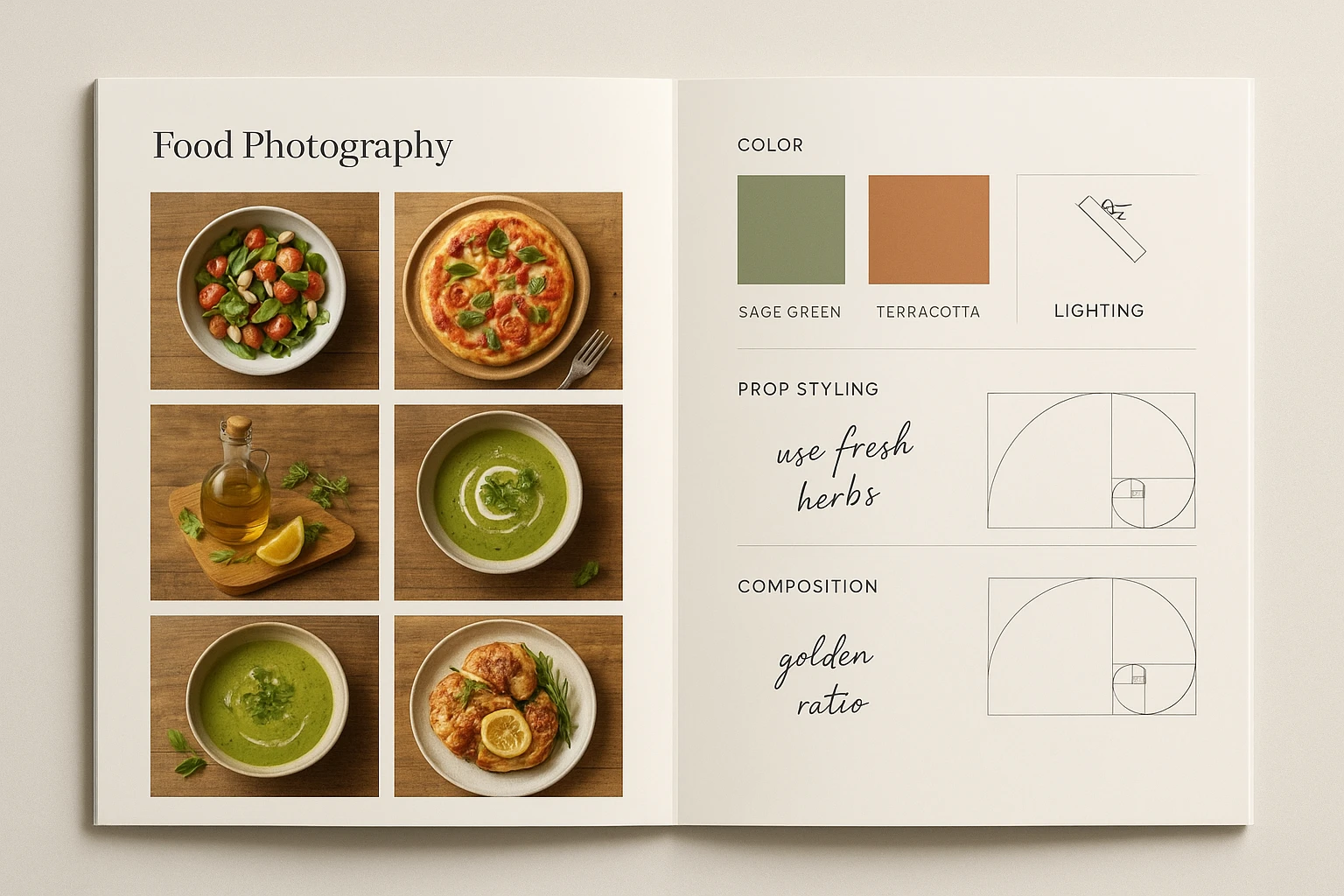 Brand style guide spread showing food photos examples with annotations for lighting, props, and composition rules