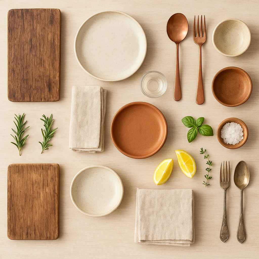 Curated prop library collection featuring wooden boards, ceramic dishes, linen napkins, copper utensils, and fresh herb garnishes arranged artfully on wooden surfaces