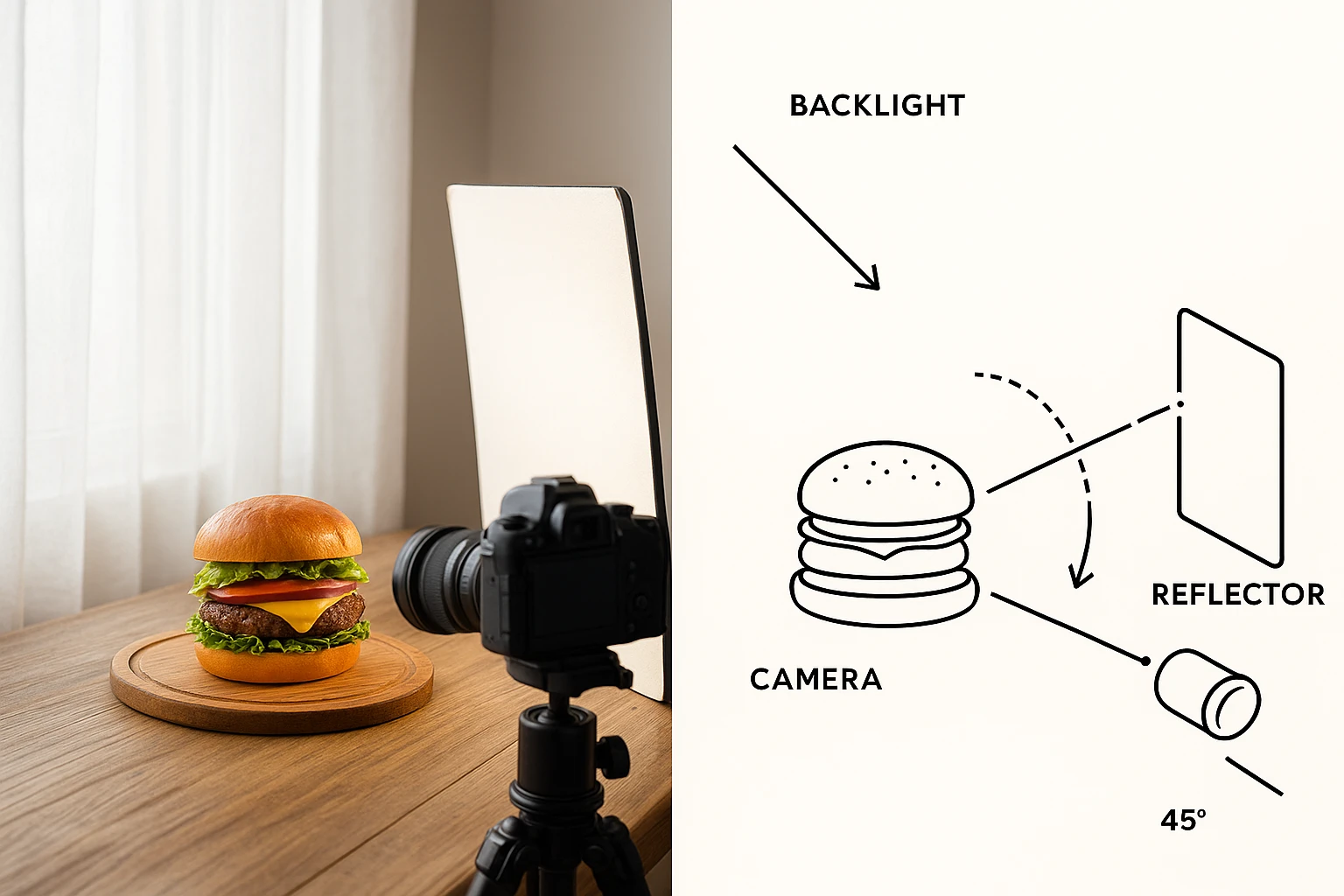 Pro food photos lighting setup diagram showing window light, diffusion panel, reflectors, and camera position with a beautiful food subject in the center