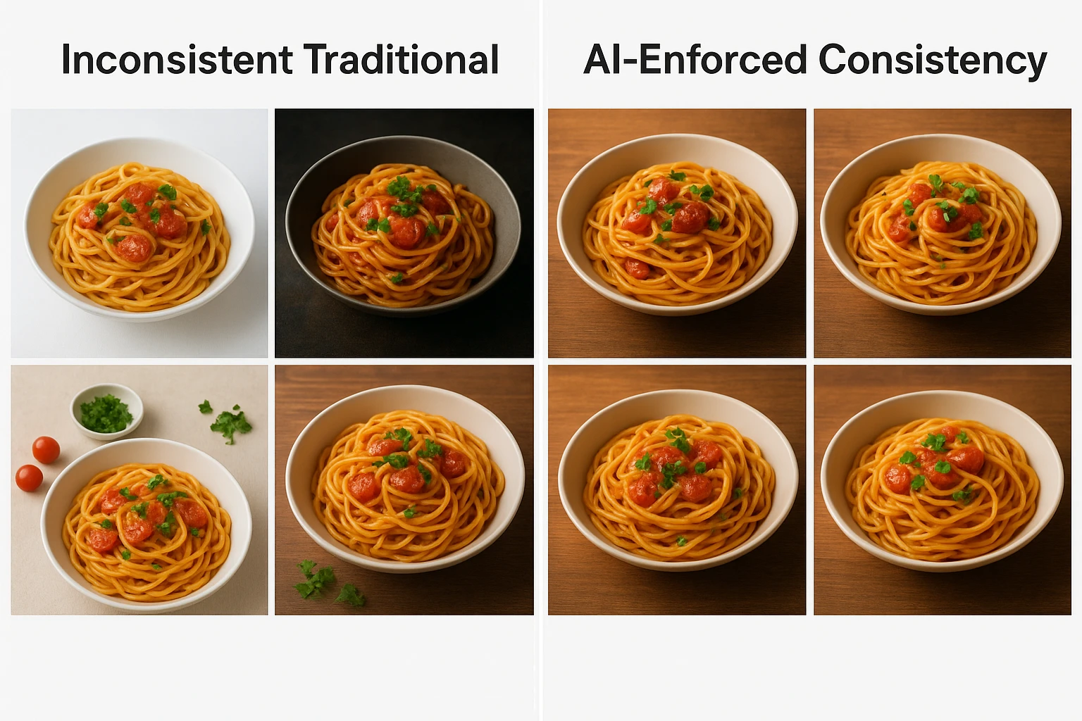 Split screen comparison showing the same food dish photographed with inconsistent styles on left versus perfectly consistent AI-generated images on right using branded space settings