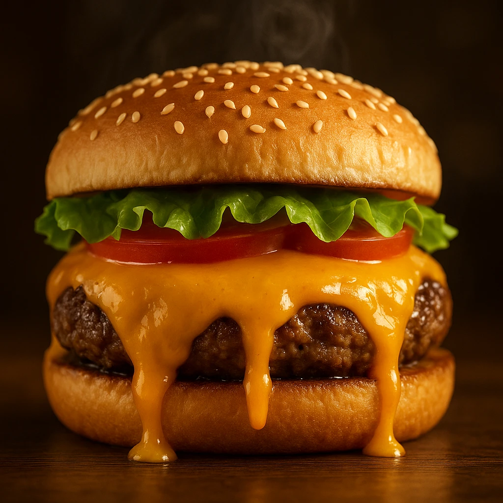 Close-up of a gourmet burger with melting cheese, fresh lettuce, and a sesame seed bun, photographed under warm lighting that highlights the texture and juiciness