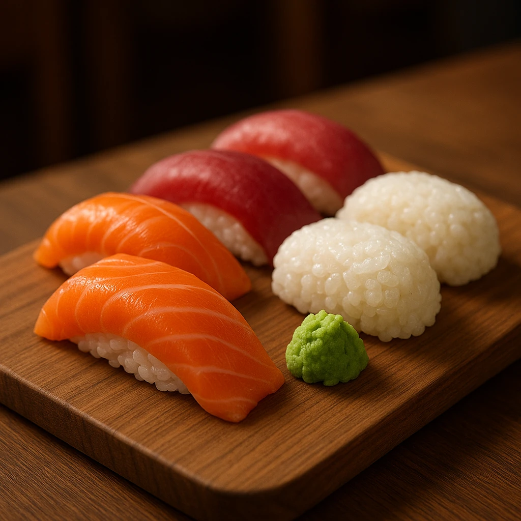 Vibrant sushi platter with bright orange salmon, red tuna, white rice, and green wasabi, demonstrating complementary color harmony