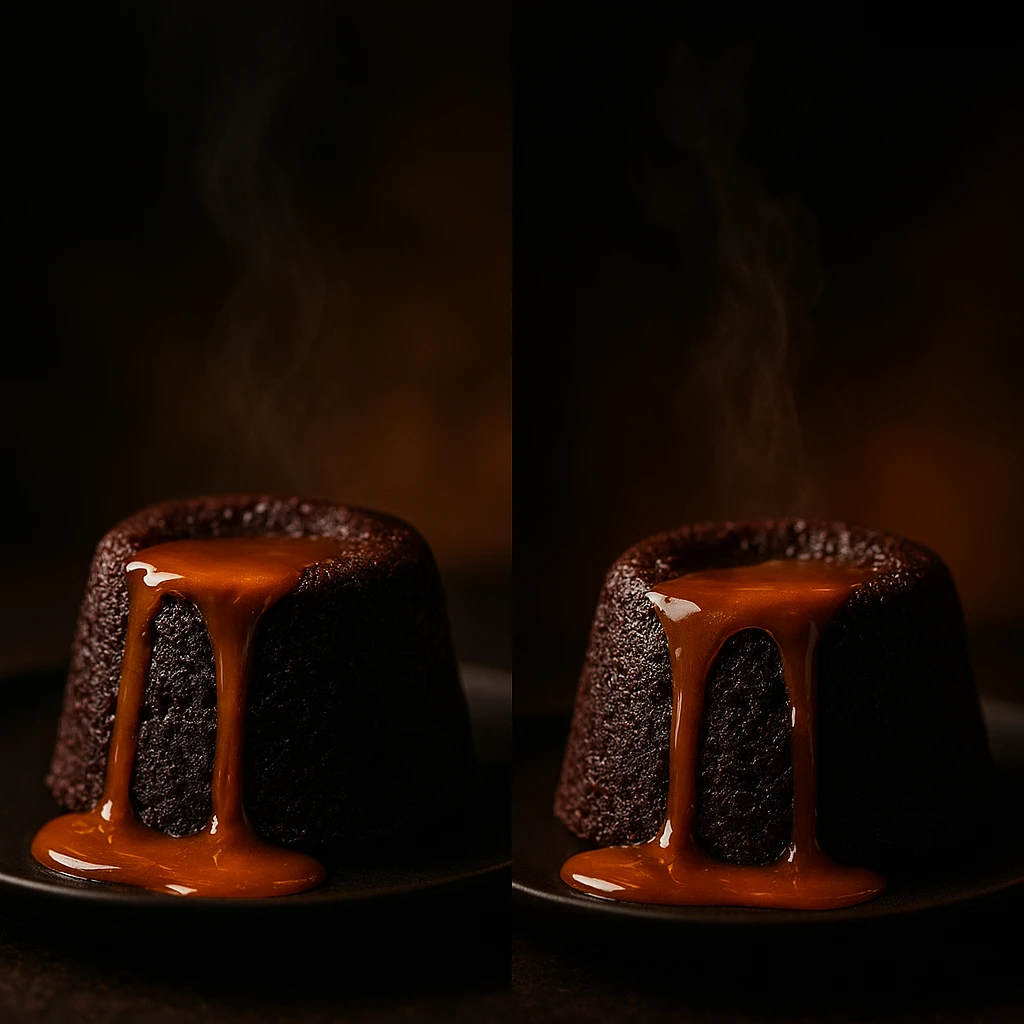 Dramatically lit dark chocolate dessert with caramel sauce drizzle, shot with moody backlighting creating golden glow and deep shadows