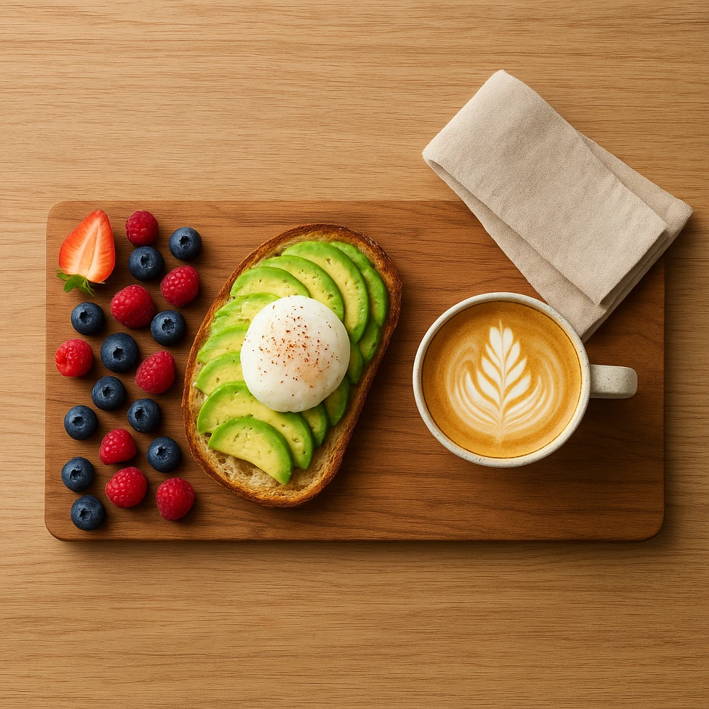 Overhead flat lay of an avocado toast breakfast board with eggs, fruit, and coffee, demonstrating strategic prop placement and composition
