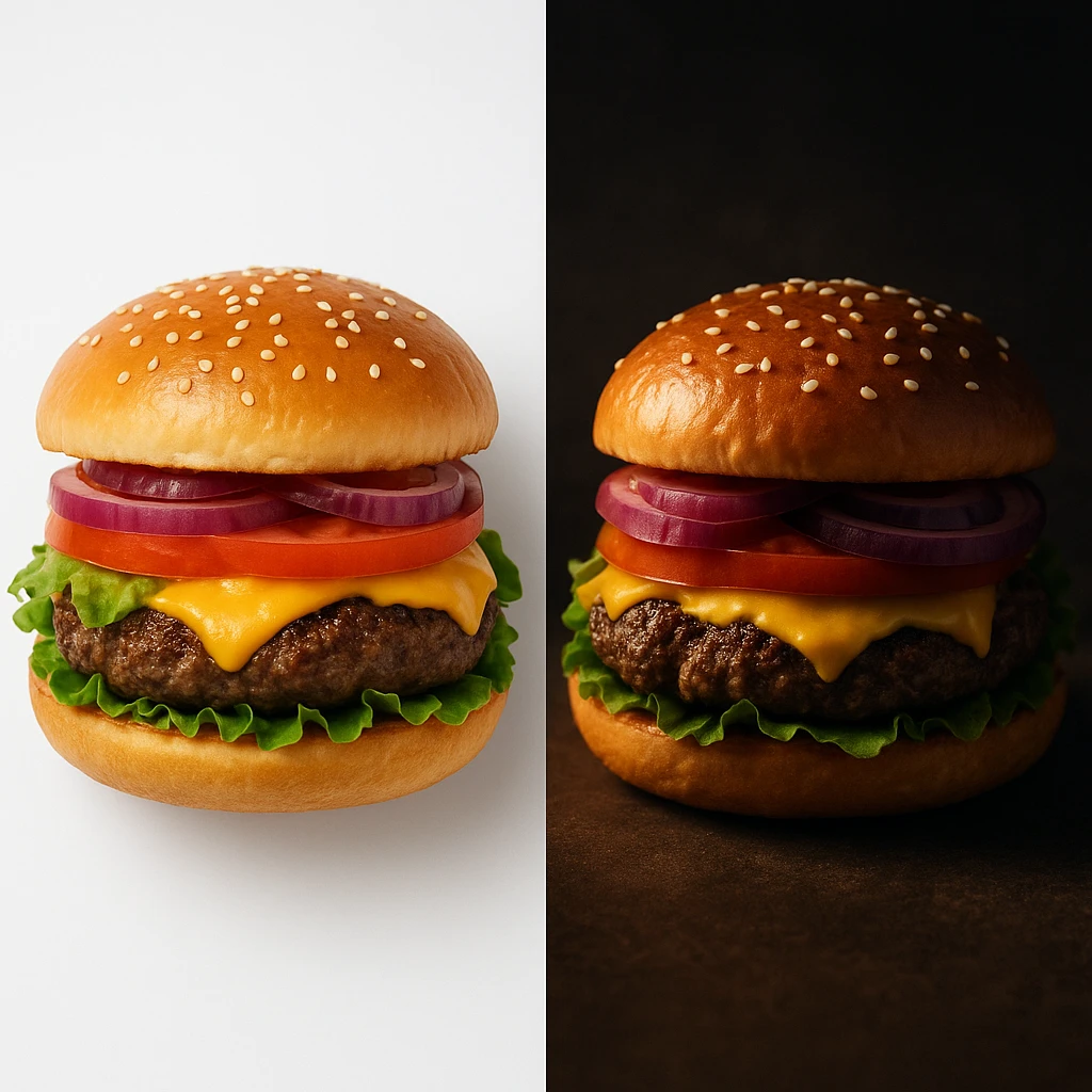 Split-screen comparison showing two versions of the same dish-one with bright overhead lighting and one with dramatic side lighting