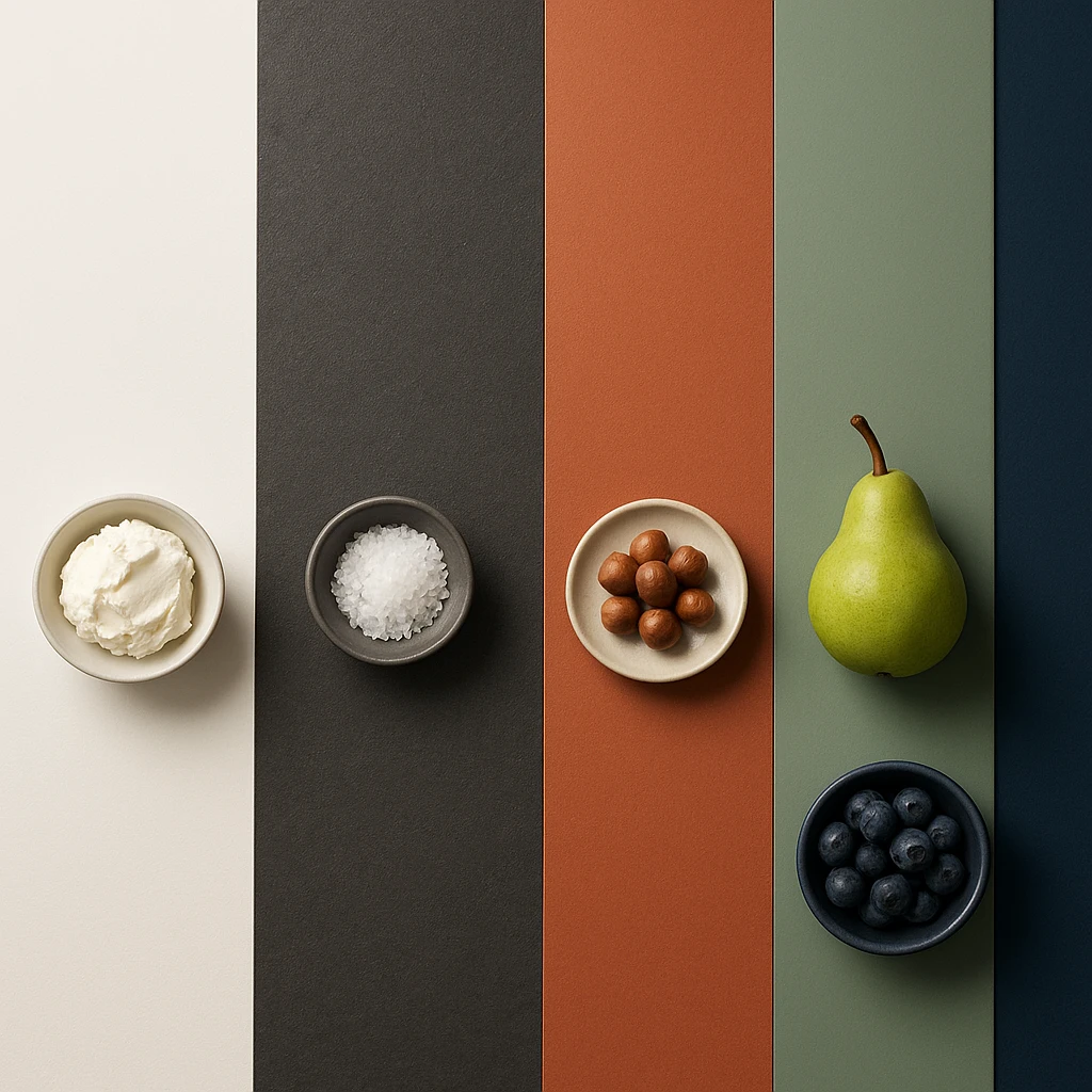 Collection of different colored styling surfaces showing white, dark gray, warm beige, sage green, and navy blue options with food styling props