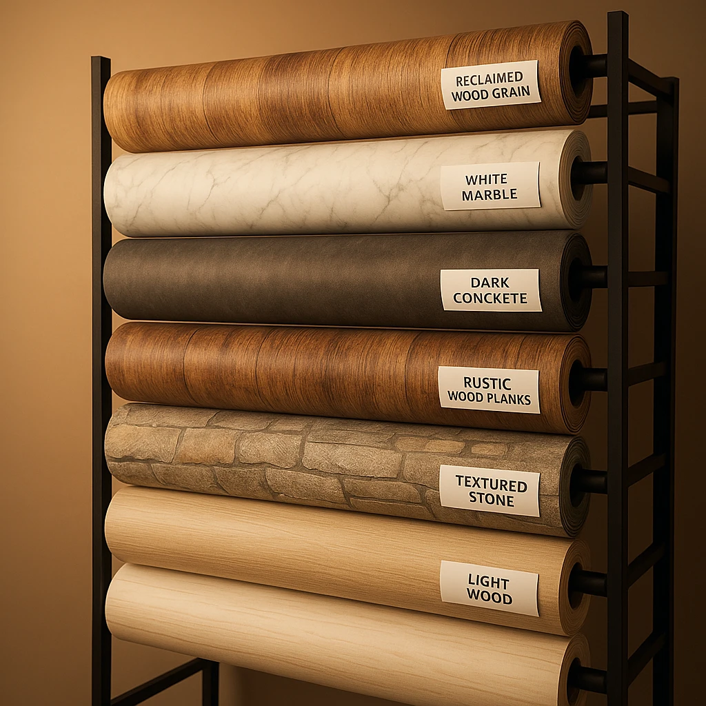 Professional photographer's collection of vinyl backdrops rolled and stored on racks, featuring wood grain, marble, and concrete patterns