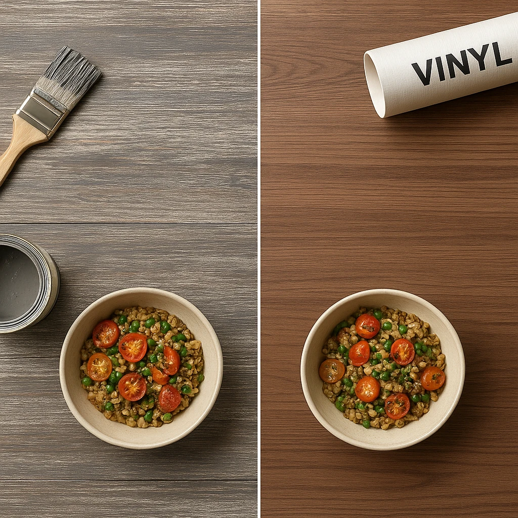 Side-by-side comparison of DIY painted foam board backdrop and professional vinyl backdrop showing similar wood grain pattern