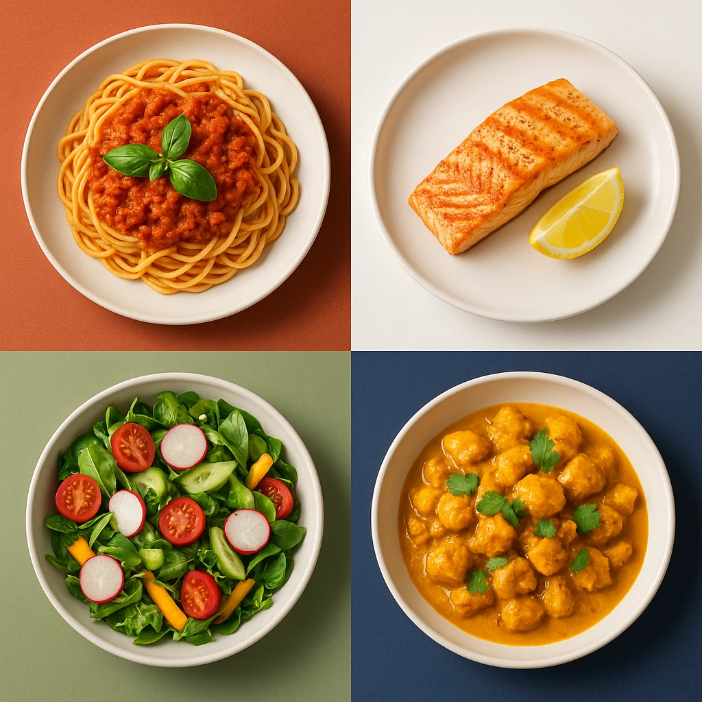 Four different colored backdrops each with a small dish of complementary cuisine: terracotta with Italian pasta, white with salmon, sage green with salad, navy blue with curry