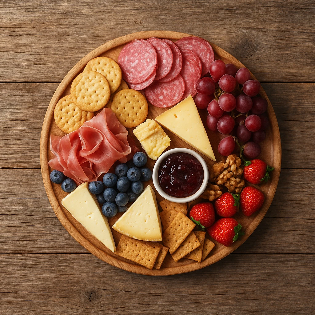 Overhead flat lay photography of a charcuterie board arranged on a rustic table. The shot follows the rule of thirds with ample negative space for text overlay.