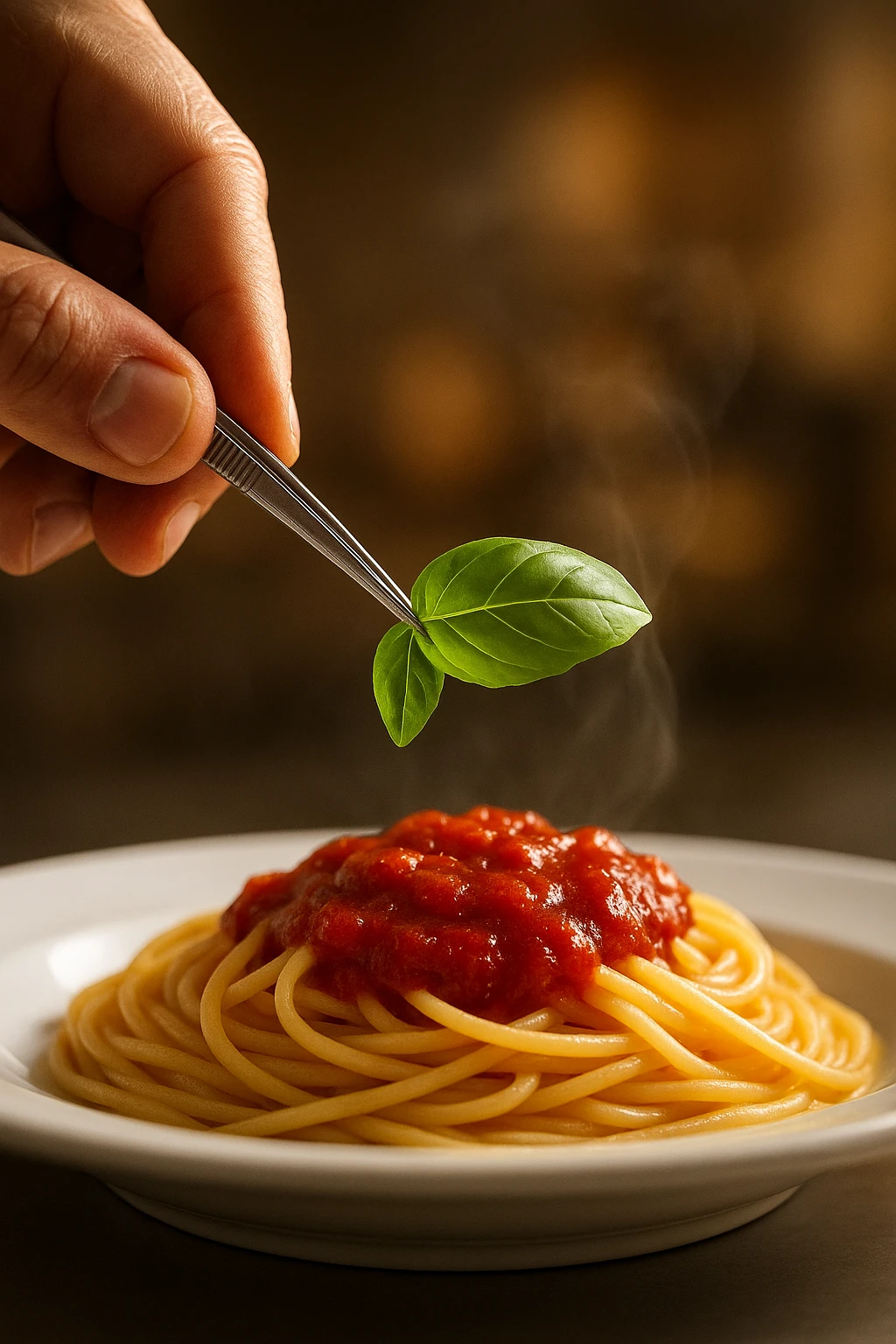 Close-up of a chef's hand using tweezers to precisely place a small basil leaf on top of a vibrant red pasta dish.