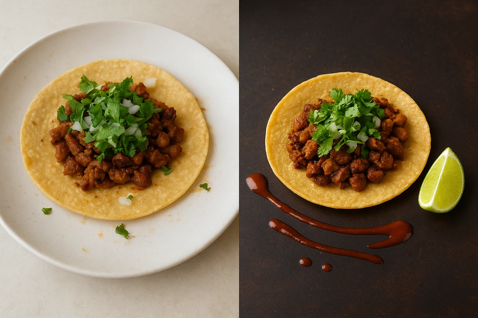 Split screen showing a basic smartphone photo of a taco on the left. On the right, a professionally AI-enhanced version of the same taco with a styled background.