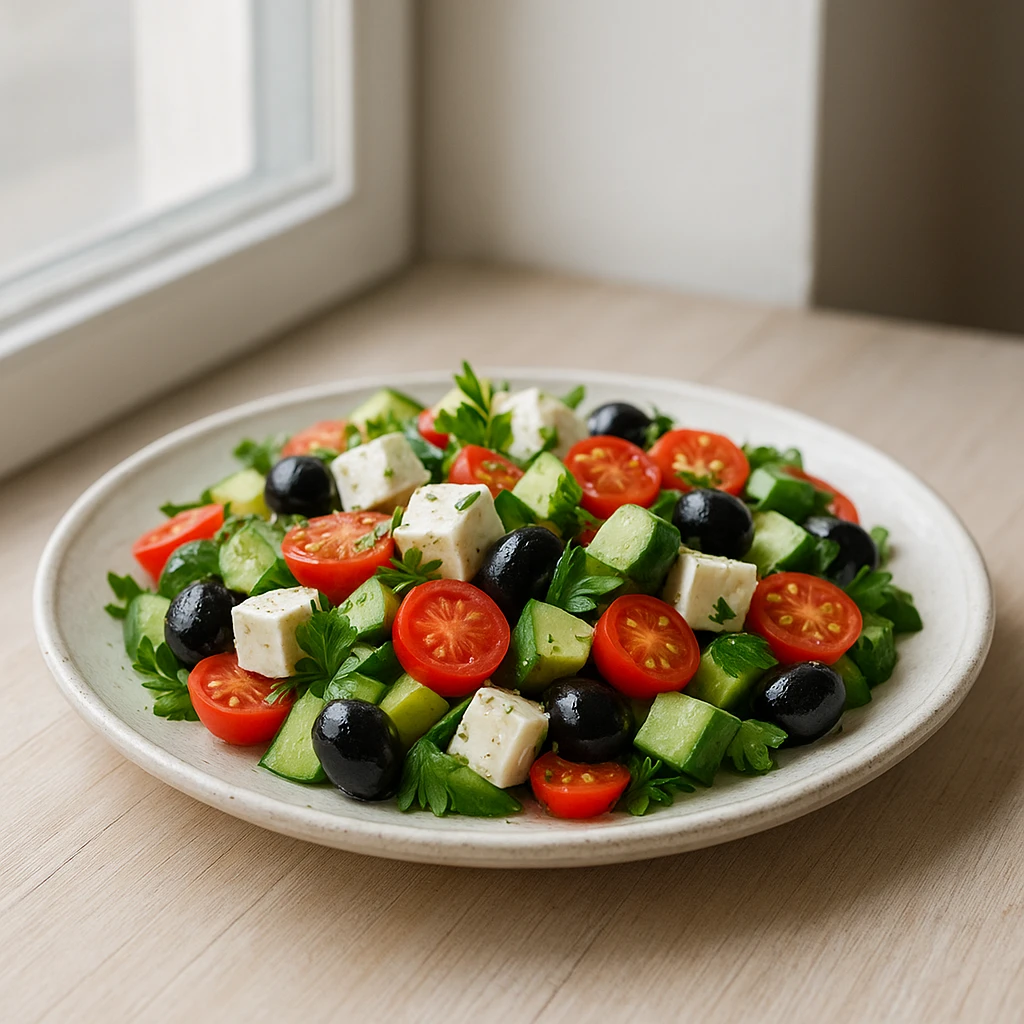 Fresh salad photographed near a window with soft natural light showing vibrant colors