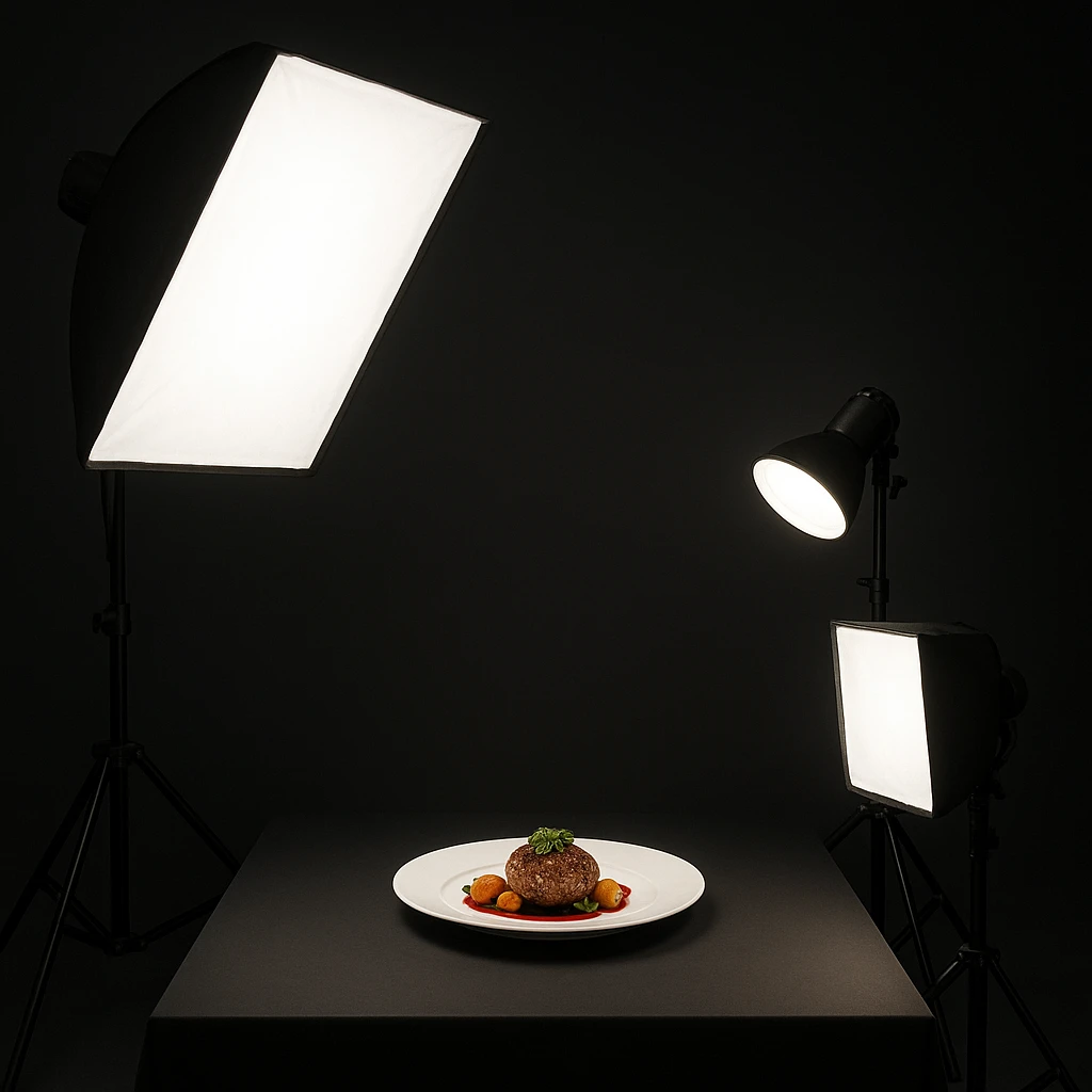 Professional three-light food photography setup with key, fill, and rim lights