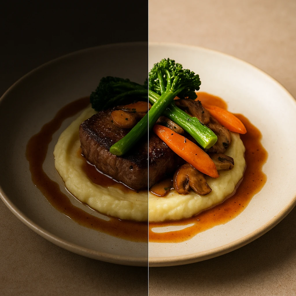 Split comparison showing before and after AI lighting enhancement of a food photograph