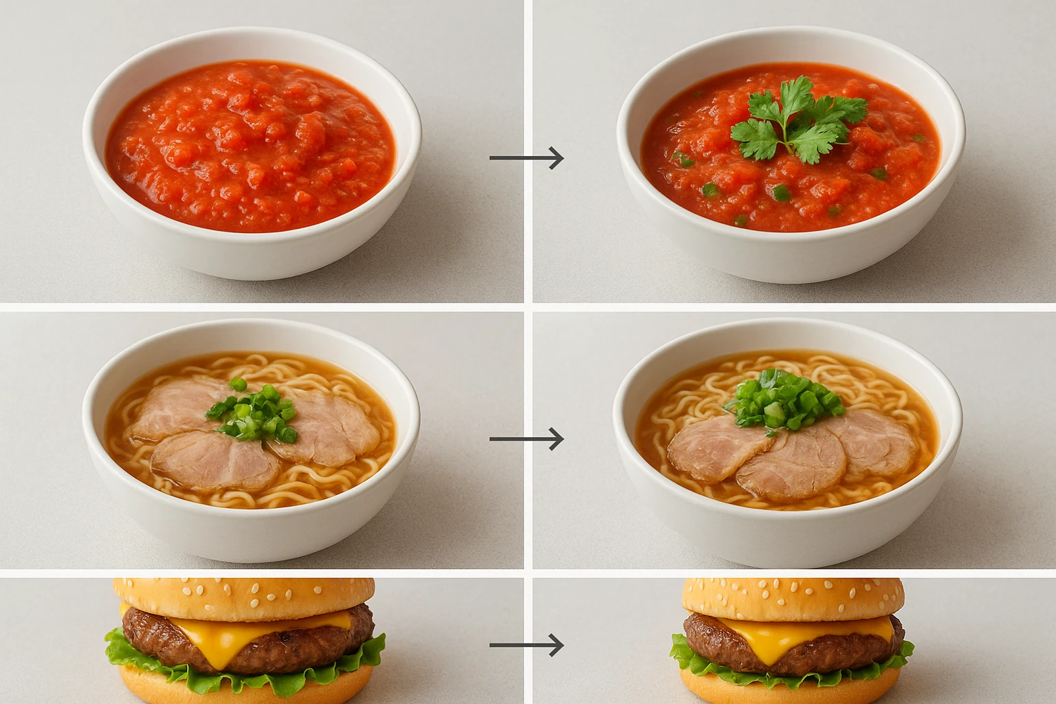 Before/after grid of common food photo mistakes like over-saturation, glare, and bad cropping with corrected versions