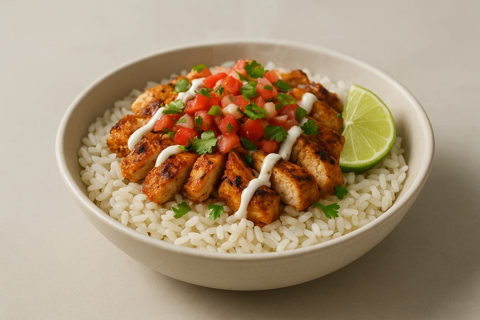 Honest-portion burrito bowl with subtle gloss and steam in a consistent brand style