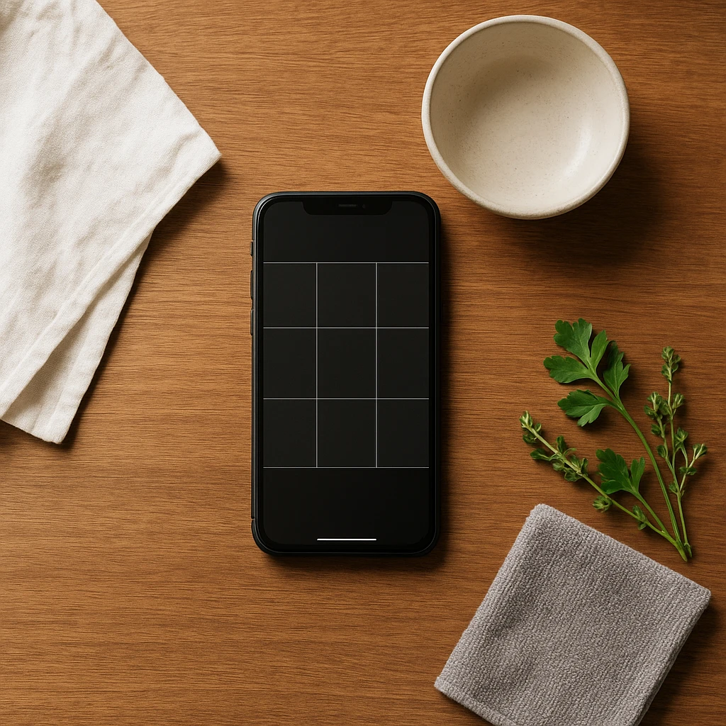 Smartphone food photography setup with clean lens, gridlines enabled, and simple props on wooden surface near window light