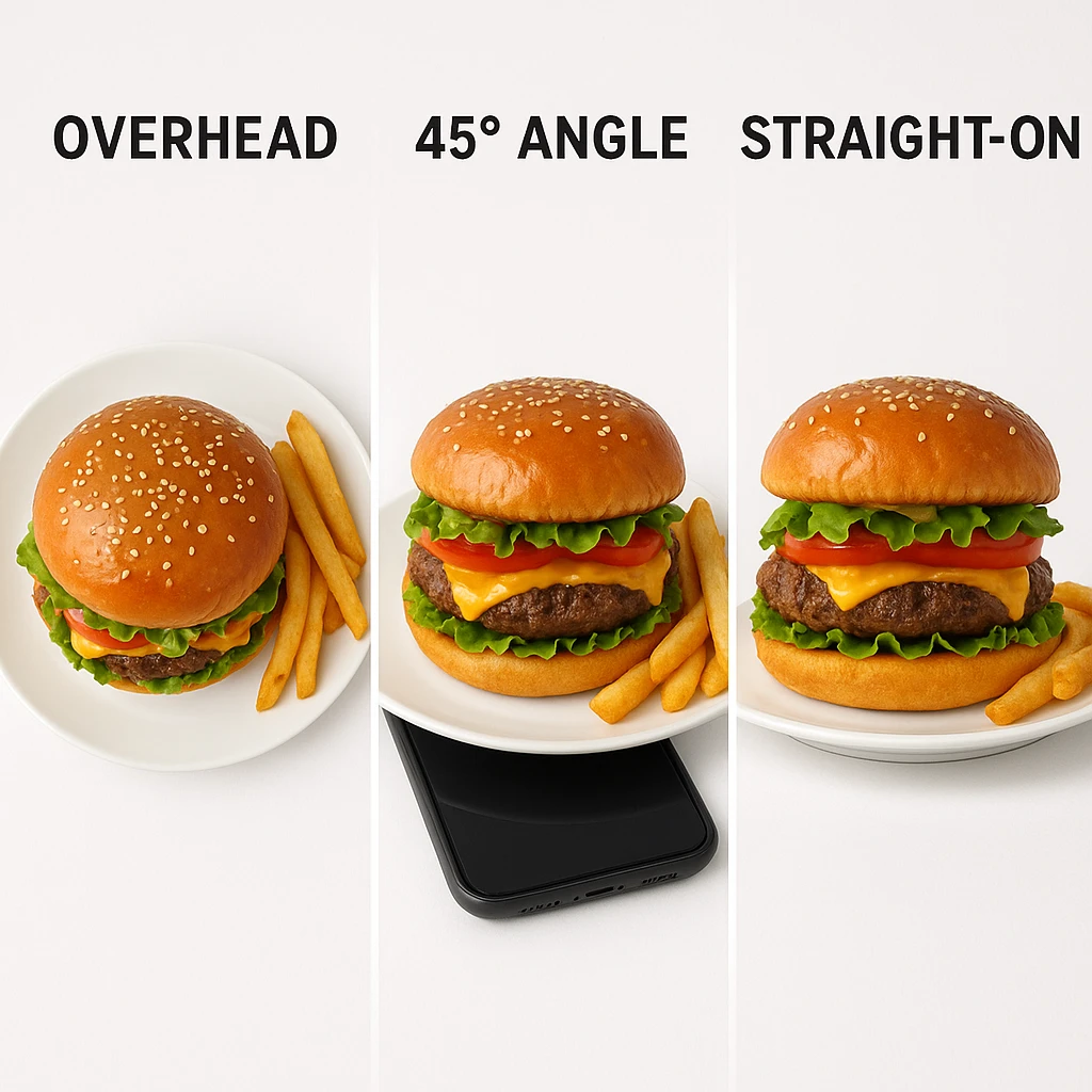 Food photography angle comparison showing three views of same dish: overhead flat lay, 45-degree angle, and straight-on side view