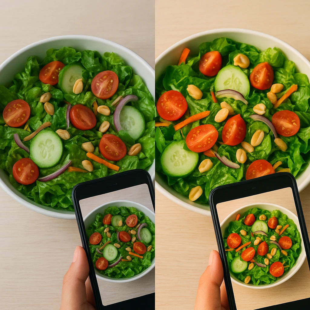 Split screen comparison showing unedited food photo on left and professionally edited version on right with subtle enhancements