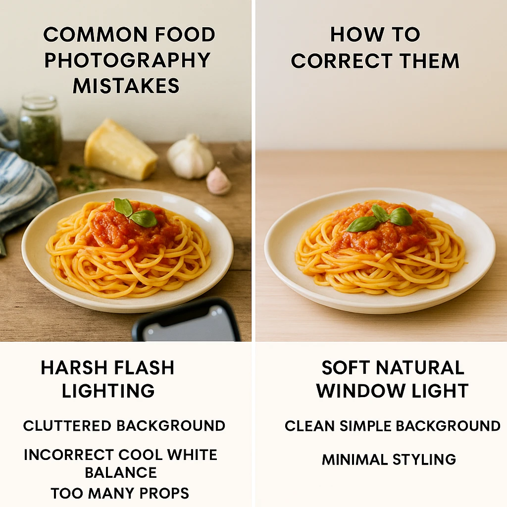 Side by side comparison showing food photography mistakes on left versus corrected versions on right with labels for each error fixed