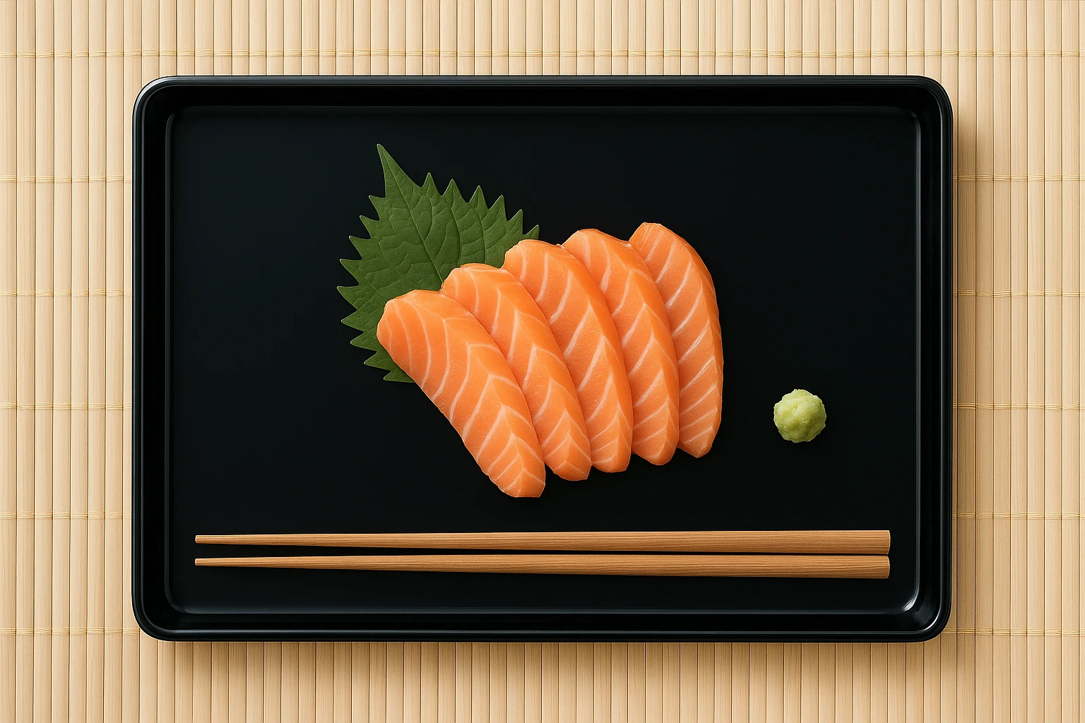 Japanese sashimi styled with negative space on lacquer tray, cool daylight
