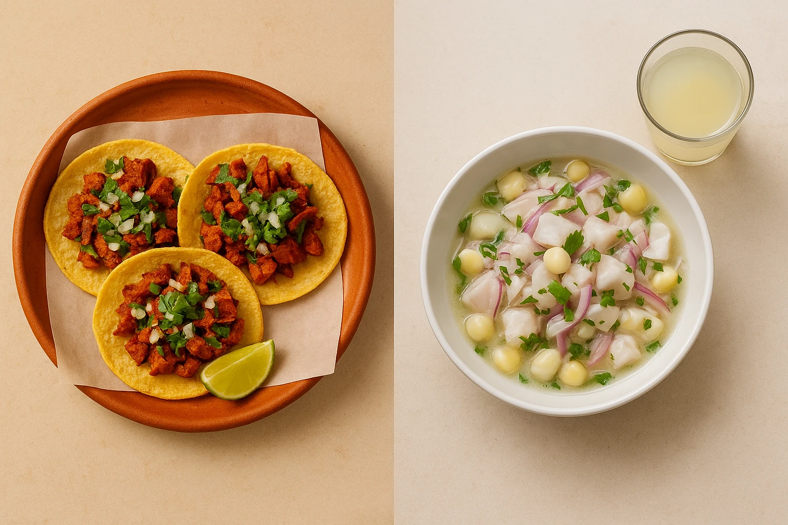 Taco trio in terracotta setting and ceviche in cool white bowl side by side