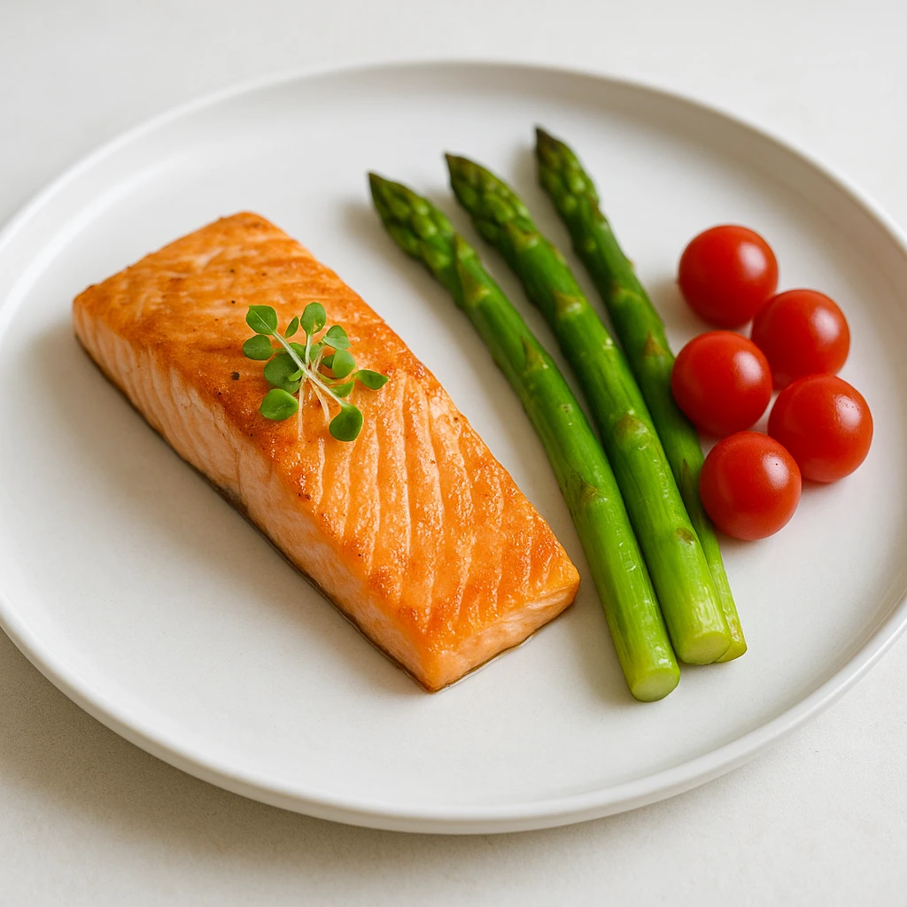 Professional plated dish demonstrating the Rule of Odds with salmon, asparagus, and microgreens arranged on a white plate