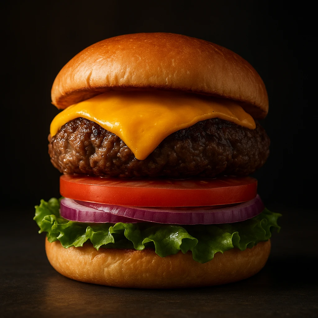 Gourmet burger stacked high with visible layers including lettuce, tomato, cheese, and angled patty showing thickness