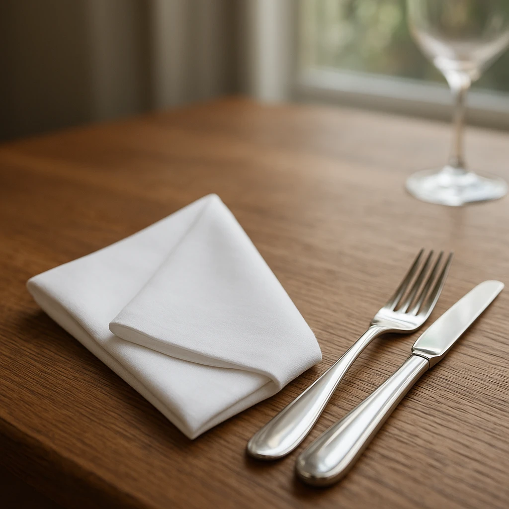 Beautifully set dining scene with styled flatware, folded napkin, and elegant table setting
