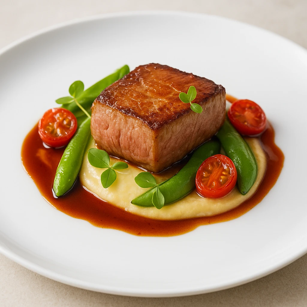 Professional food photograph enhanced with AI showing improved lighting, colors, and composition