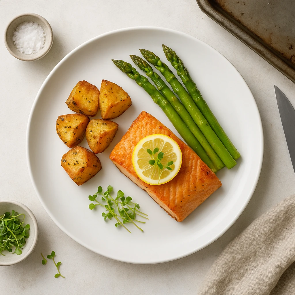 Professional food plating showing classic clock method arrangement with protein, starch, and vegetables positioned on white plate