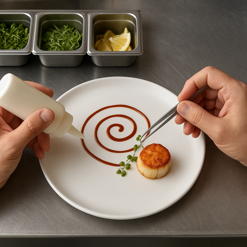 Close-up of chef using squeeze bottle to create decorative sauce pattern on plate with garnish tweezers and fresh herbs nearby
