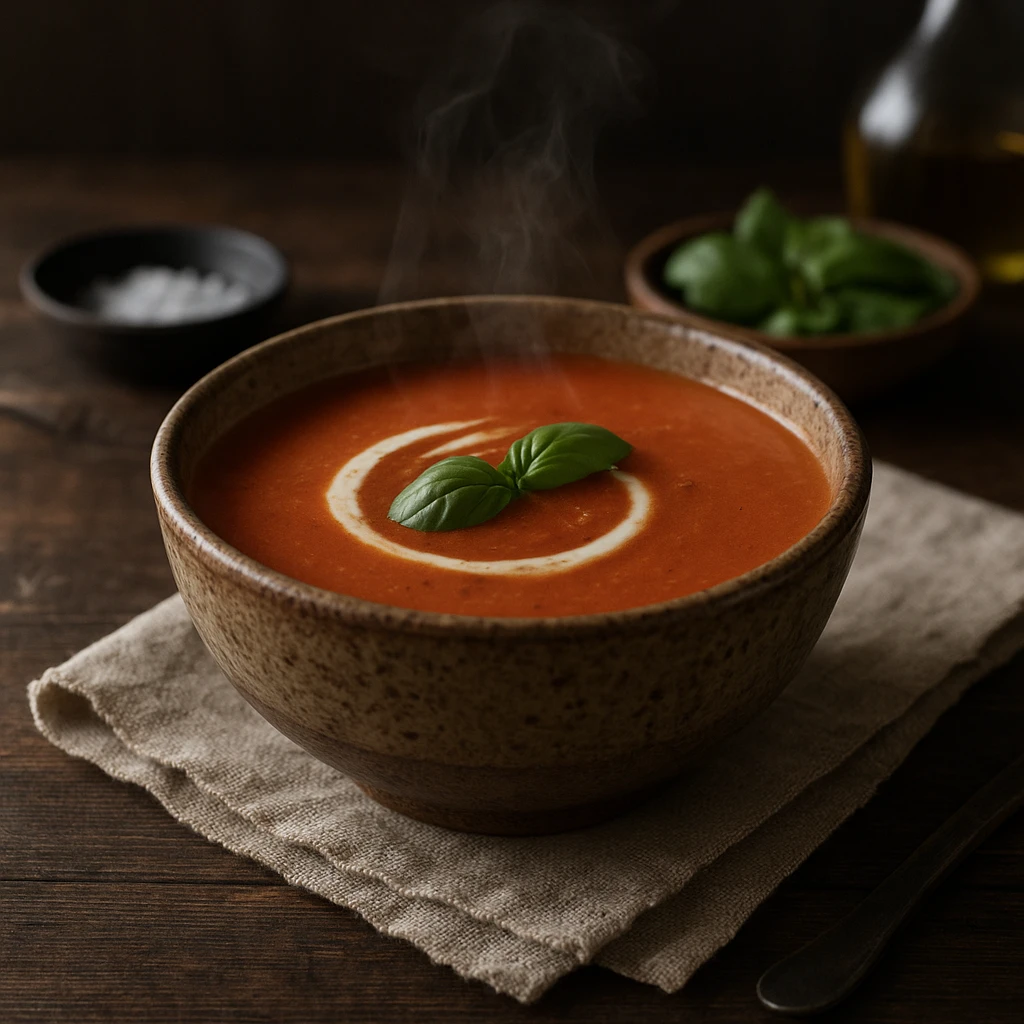 Hot steaming soup bowl with visible rising steam, garnished with fresh herbs and cream dollop on rustic wooden table