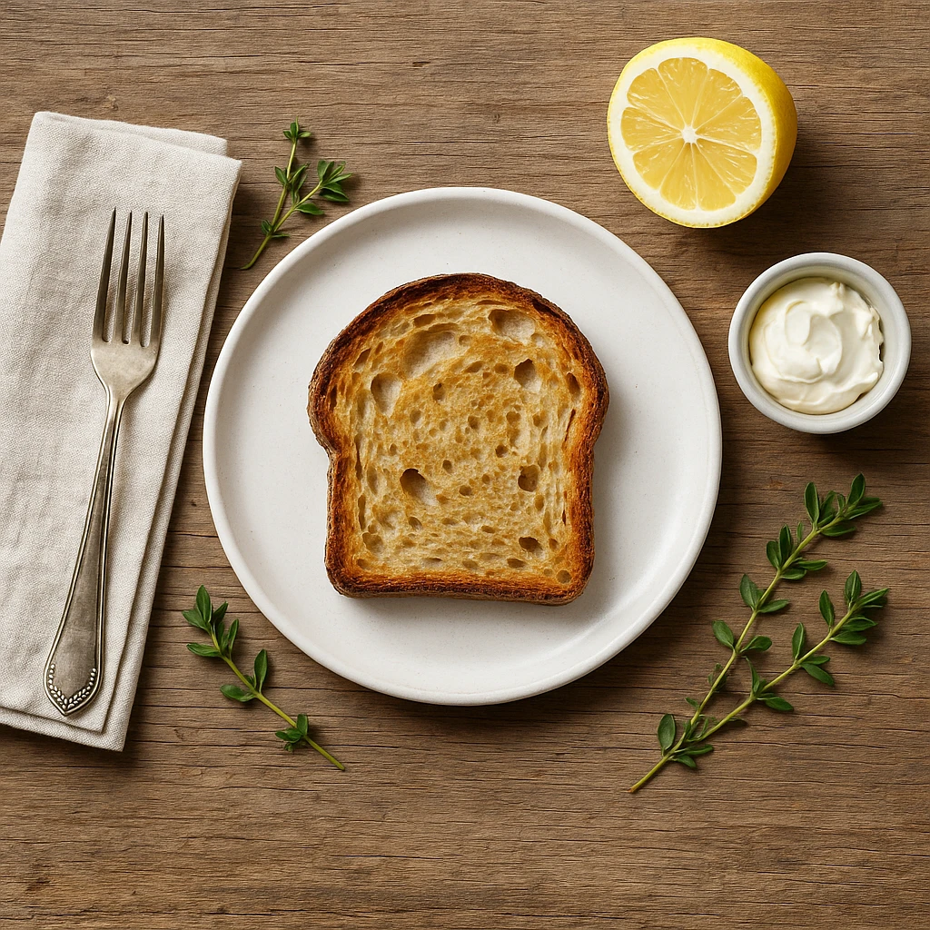 Flat lay food photography arrangement showing various props including linen napkin, silver fork, ceramic plate, and garnish elements on textured surface