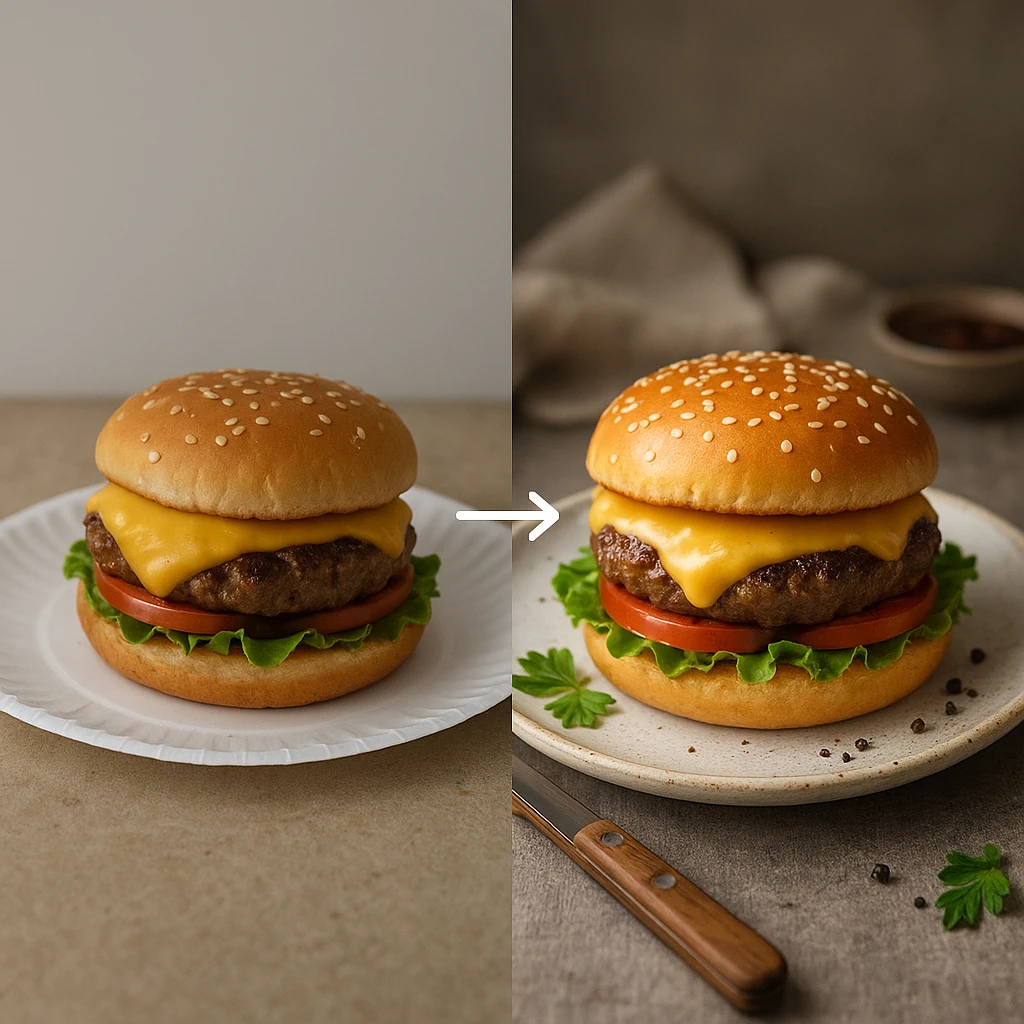 Split screen comparison showing basic food photo on left and AI-styled professional version on right with enhanced lighting and composition