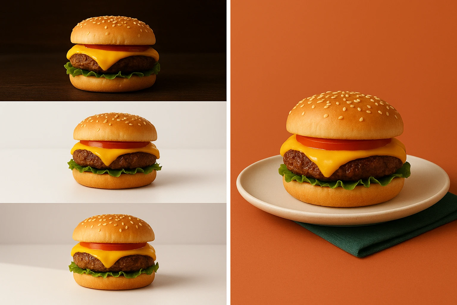 Side-by-side comparison of inconsistent versus consistent AI-generated food photos for the same restaurant dish.