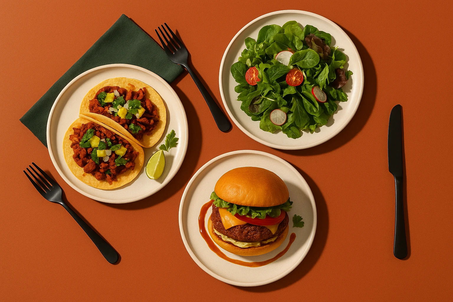 Flat-lay of four AI-generated hero shots of different cuisines, each with clearly distinct palettes and lighting moods that match their brand.