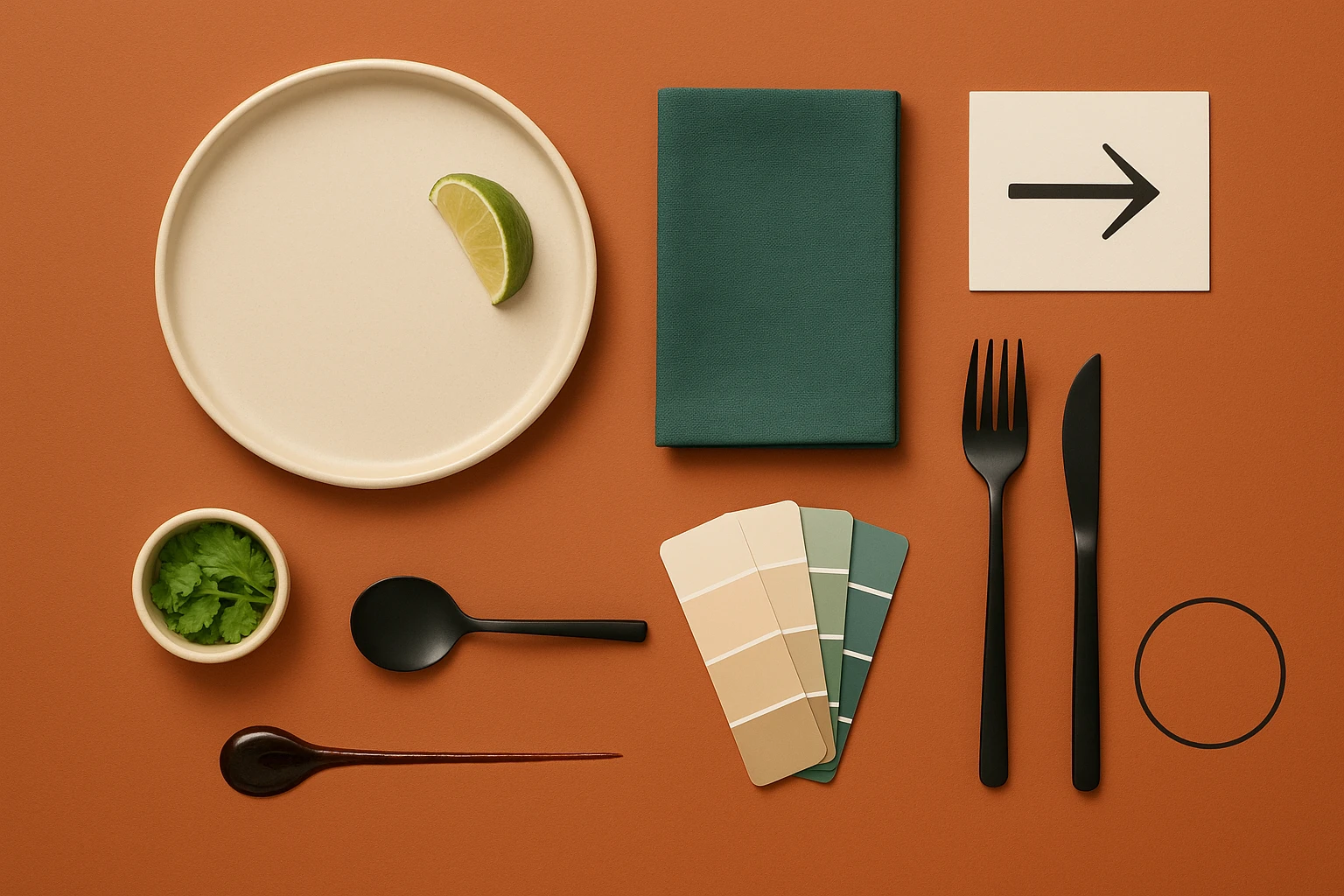 Annotated AI food photo showing callouts for lighting, palette, plating, and negative space as defined by a restaurant's brand.