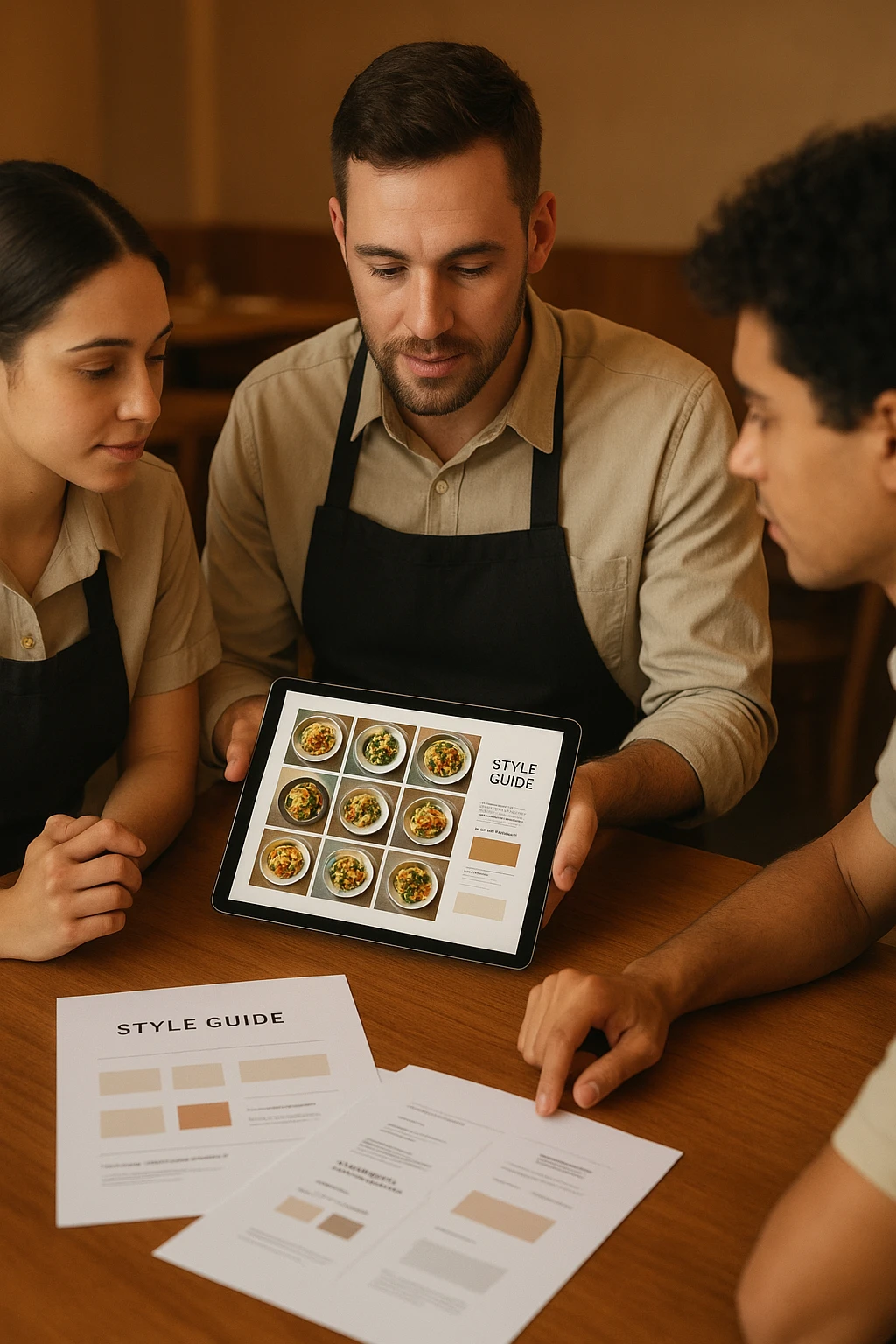 Collage of consistent AI-generated restaurant images across a QR menu, delivery app listing, social feed, and packaging mockup.